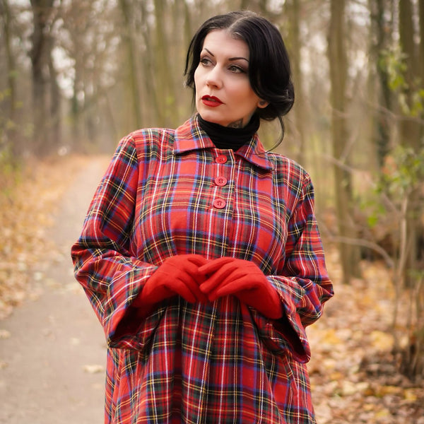 Swing Jacket in Red Tartan Check , Vintage 1940s Cape Style Inspired Over Coat - True and authentic vintage style clothing, inspired by the Classic styles of CC41 , WW2 and the fun 1950s RocknRoll era, for everyday wear plus events like Goodwood Revival, Twinwood Festival and Viva Las Vegas Rockabilly Weekend Rock n Romance The Seamstress Of Bloomsbury