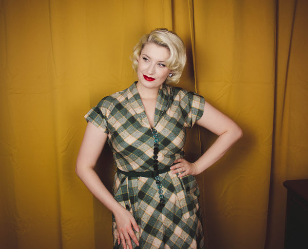 The "Casey" Dress in Green Check Print, True & Authentic 1950s Vintage Style - True and authentic vintage style clothing, inspired by the Classic styles of CC41 , WW2 and the fun 1950s RocknRoll era, for everyday wear plus events like Goodwood Revival, Twinwood Festival and Viva Las Vegas Rockabilly Weekend Rock n Romance Rock n Romance