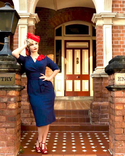 The “Evelyn" Wiggle Dress in Navy, True Late 40s Early 50s Vintage Style - True and authentic vintage style clothing, inspired by the Classic styles of CC41 , WW2 and the fun 1950s RocknRoll era, for everyday wear plus events like Goodwood Revival, Twinwood Festival and Viva Las Vegas Rockabilly Weekend Rock n Romance Rock n Romance