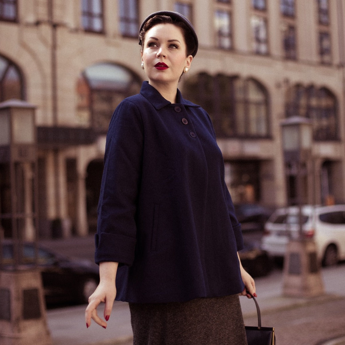 Style Navy Blue Cape Coat Swing Jacket In Navy Vintage 1940s