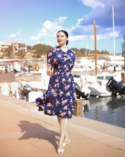 "Roma" Dress in Navy Blue Mayflower, Authentic & Classic 1940's Vintage Inspired Style - True and authentic vintage style clothing, inspired by the Classic styles of CC41 , WW2 and the fun 1950s RocknRoll era, for everyday wear plus events like Goodwood Revival, Twinwood Festival and Viva Las Vegas Rockabilly Weekend Rock n Romance The Seamstress Of Bloomsbury