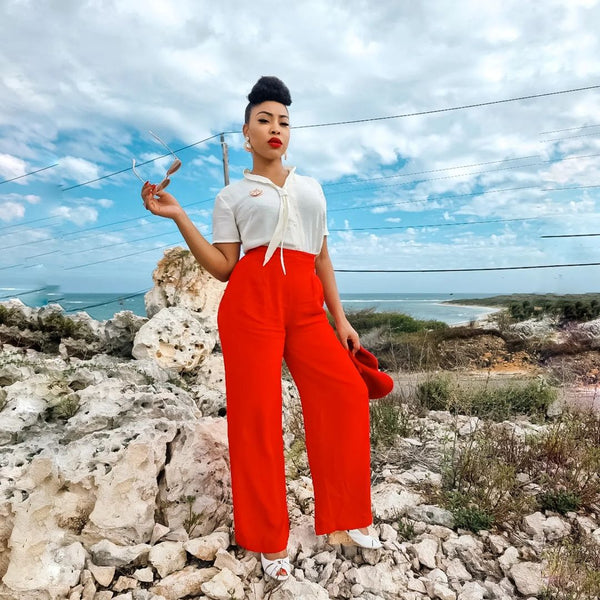 "Audrey" Trousers in 40's Red, Totally Authentic & Classic 1940s Vintage Inspired Style - CC41, Goodwood Revival, Twinwood Festival, Viva Las Vegas Rockabilly Weekend Rock n Romance The Seamstress Of Bloomsbury
