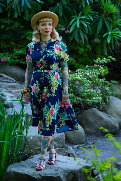 The "Charlene" Shirtwaister Dress in Navy Honolulu Print, True & Authentic 1950s Vintage Style - True and authentic vintage style clothing, inspired by the Classic styles of CC41 , WW2 and the fun 1950s RocknRoll era, for everyday wear plus events like Goodwood Revival, Twinwood Festival and Viva Las Vegas Rockabilly Weekend Rock n Romance Rock n Romance