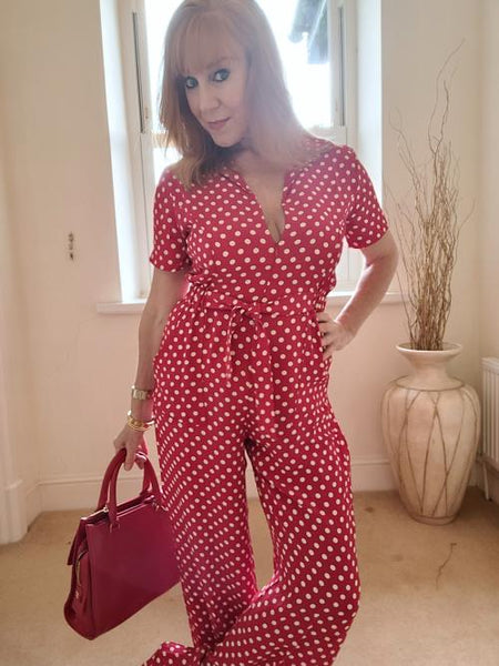 "Lauren" Siren Suit in Red with Polka Spots, Classic 1940s Vintage Holywood Style Inspired - CC41, Goodwood Revival, Twinwood Festival, Viva Las Vegas Rockabilly Weekend Rock n Romance The Seamstress Of Bloomsbury