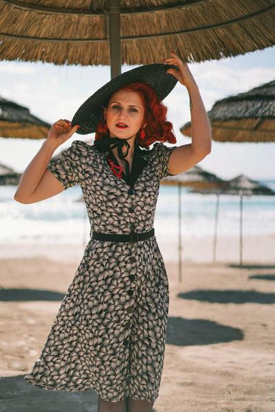 The "Charlene" Shirtwaister Dress in Black Whisp Print With Contrast Collar, True 1950s Vintage Style