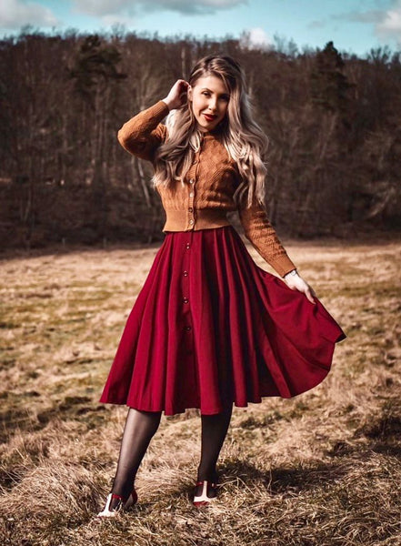 The "Beverly" Button Front Full Circle Skirt with Pockets in Solid Wine, True 1950s Vintage Style - CC41, Goodwood Revival, Twinwood Festival, Viva Las Vegas Rockabilly Weekend Rock n Romance Rock n Romance