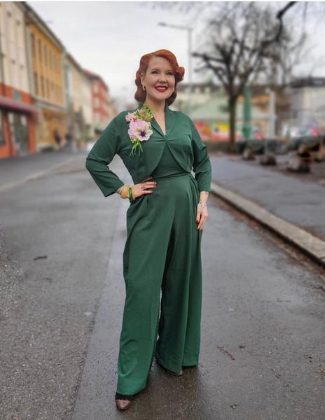 The "Lana" Palazzo Jump Suit & Bolero 2pc Set in Green, Easy To Wear Vintage Style - True and authentic vintage style clothing, inspired by the Classic styles of CC41 , WW2 and the fun 1950s RocknRoll era, for everyday wear plus events like Goodwood Revival, Twinwood Festival and Viva Las Vegas Rockabilly Weekend Rock n Romance Rock n Romance