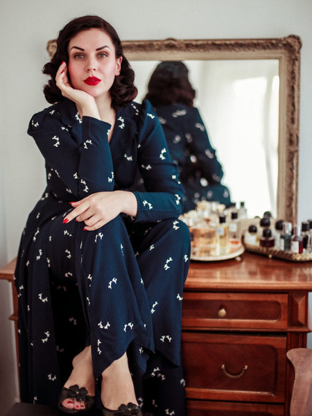 1940's Hollywood Pyjama Set In Navy Doggy - True and authentic vintage style clothing, inspired by the Classic styles of CC41 , WW2 and the fun 1950s RocknRoll era, for everyday wear plus events like Goodwood Revival, Twinwood Festival and Viva Las Vegas Rockabilly Weekend Rock n Romance The Seamstress Of Bloomsbury