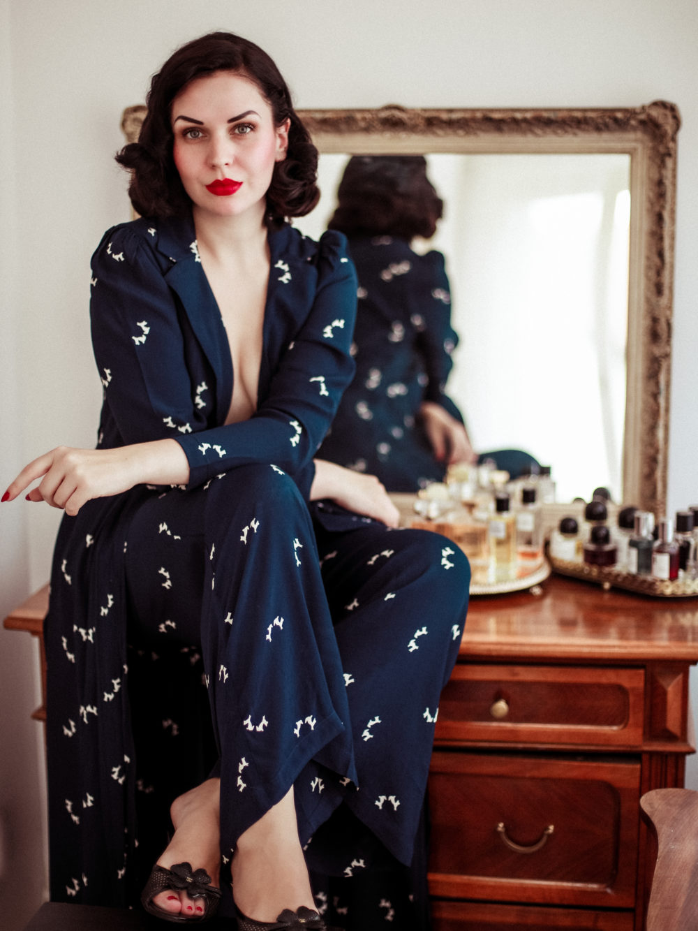 1940's Hollywood Pyjama Set In Navy Doggy - True and authentic vintage style clothing, inspired by the Classic styles of CC41 , WW2 and the fun 1950s RocknRoll era, for everyday wear plus events like Goodwood Revival, Twinwood Festival and Viva Las Vegas Rockabilly Weekend Rock n Romance The Seamstress Of Bloomsbury