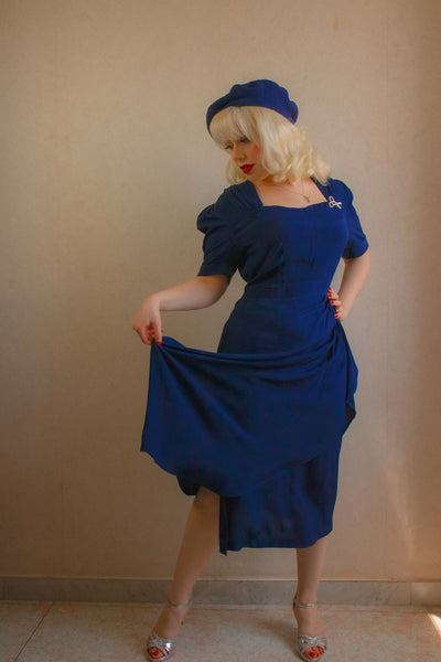 Shelly Dress in Navy Blue, A Classic 1940s Inspired wiggle dress, True Vintage Style - True and authentic vintage style clothing, inspired by the Classic styles of CC41 , WW2 and the fun 1950s RocknRoll era, for everyday wear plus events like Goodwood Revival, Twinwood Festival and Viva Las Vegas Rockabilly Weekend Rock n Romance The Seamstress of Bloomsbury