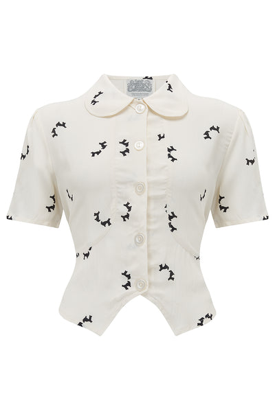 "Andrea " Blouse in Cream Doggy Print , Authentic & Classic 1940s Vintage Inspired Style - CC41, Goodwood Revival, Twinwood Festival, Viva Las Vegas Rockabilly Weekend Rock n Romance The Seamstress Of Bloomsbury
