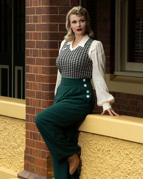 "Audrey" Trousers in Vintage Green, Totally Classic 1940s Vintage Style - True and authentic vintage style clothing, inspired by the Classic styles of CC41 , WW2 and the fun 1950s RocknRoll era, for everyday wear plus events like Goodwood Revival, Twinwood Festival and Viva Las Vegas Rockabilly Weekend Rock n Romance The Seamstress Of Bloomsbury
