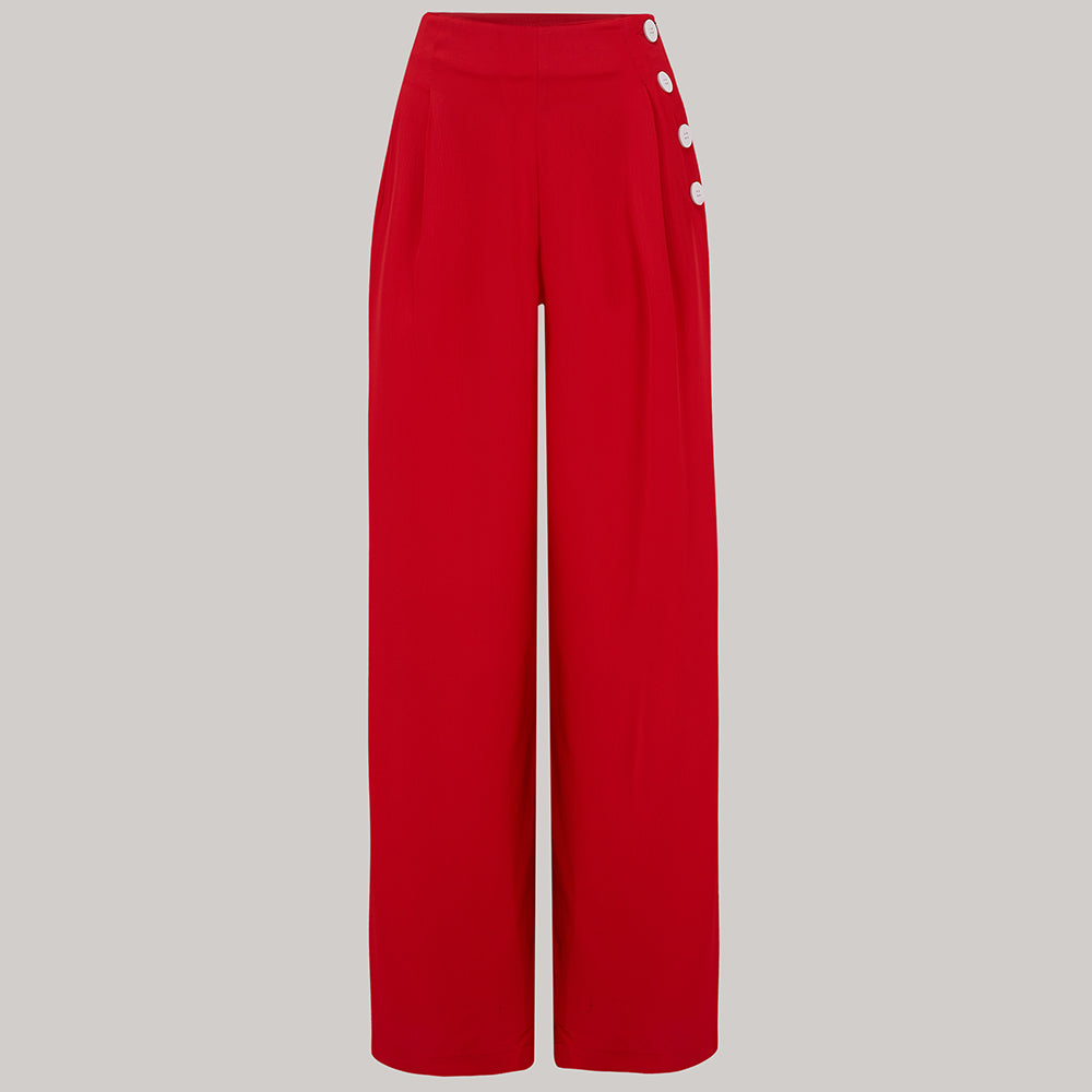 "Audrey" Trousers in 40's Red, Totally Authentic & Classic 1940s Vintage Inspired Style - True and authentic vintage style clothing, inspired by the Classic styles of CC41 , WW2 and the fun 1950s RocknRoll era, for everyday wear plus events like Goodwood Revival, Twinwood Festival and Viva Las Vegas Rockabilly Weekend Rock n Romance The Seamstress Of Bloomsbury