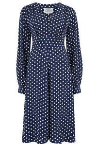"Ava" Dress in Navy Polka Dot Print, Classic 1940's Style Long Sleeve Dress - True and authentic vintage style clothing, inspired by the Classic styles of CC41 , WW2 and the fun 1950s RocknRoll era, for everyday wear plus events like Goodwood Revival, Twinwood Festival and Viva Las Vegas Rockabilly Weekend Rock n Romance The Seamstress Of Bloomsbury