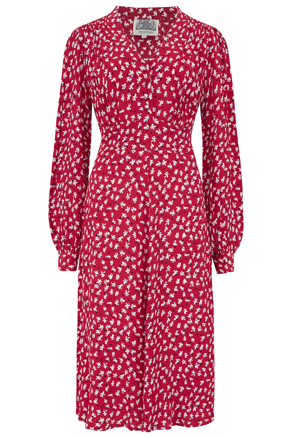 "Ava" Dress in Red Clove Print, Classic 1940's Style Long Sleeve Dress - True and authentic vintage style clothing, inspired by the Classic styles of CC41 , WW2 and the fun 1950s RocknRoll era, for everyday wear plus events like Goodwood Revival, Twinwood Festival and Viva Las Vegas Rockabilly Weekend Rock n Romance The Seamstress Of Bloomsbury