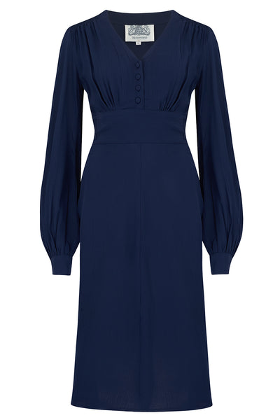 "Ava" Dress in Solid Navy, Classic 1940's Style Long Sleeve Dress - True and authentic vintage style clothing, inspired by the Classic styles of CC41 , WW2 and the fun 1950s RocknRoll era, for everyday wear plus events like Goodwood Revival, Twinwood Festival and Viva Las Vegas Rockabilly Weekend Rock n Romance The Seamstress Of Bloomsbury