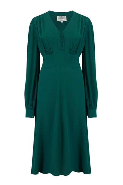 "Ava" Dress in Hampton Green, Classic 1940's Style Long Sleeve Dress - True and authentic vintage style clothing, inspired by the Classic styles of CC41 , WW2 and the fun 1950s RocknRoll era, for everyday wear plus events like Goodwood Revival, Twinwood Festival and Viva Las Vegas Rockabilly Weekend Rock n Romance The Seamstress Of Bloomsbury