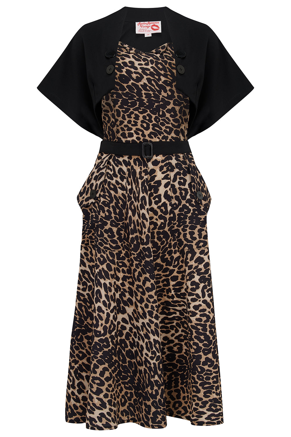 The "Ayda" 2pc Dress & Detachable Shrug Bolero Set In Leopard & Black, True Late 1940s - Early 50s Vintage Style - True and authentic vintage style clothing, inspired by the Classic styles of CC41 , WW2 and the fun 1950s RocknRoll era, for everyday wear plus events like Goodwood Revival, Twinwood Festival and Viva Las Vegas Rockabilly Weekend Rock n Romance Rock n Romance