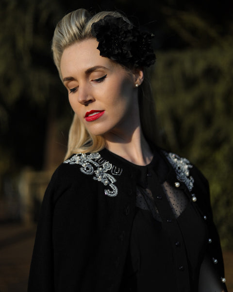 The Beaded Cardigan in Black, Stunning 1940s Vintage Style - True and authentic vintage style clothing, inspired by the Classic styles of CC41 , WW2 and the fun 1950s RocknRoll era, for everyday wear plus events like Goodwood Revival, Twinwood Festival and Viva Las Vegas Rockabilly Weekend Rock n Romance The Seamstress Of Bloomsbury
