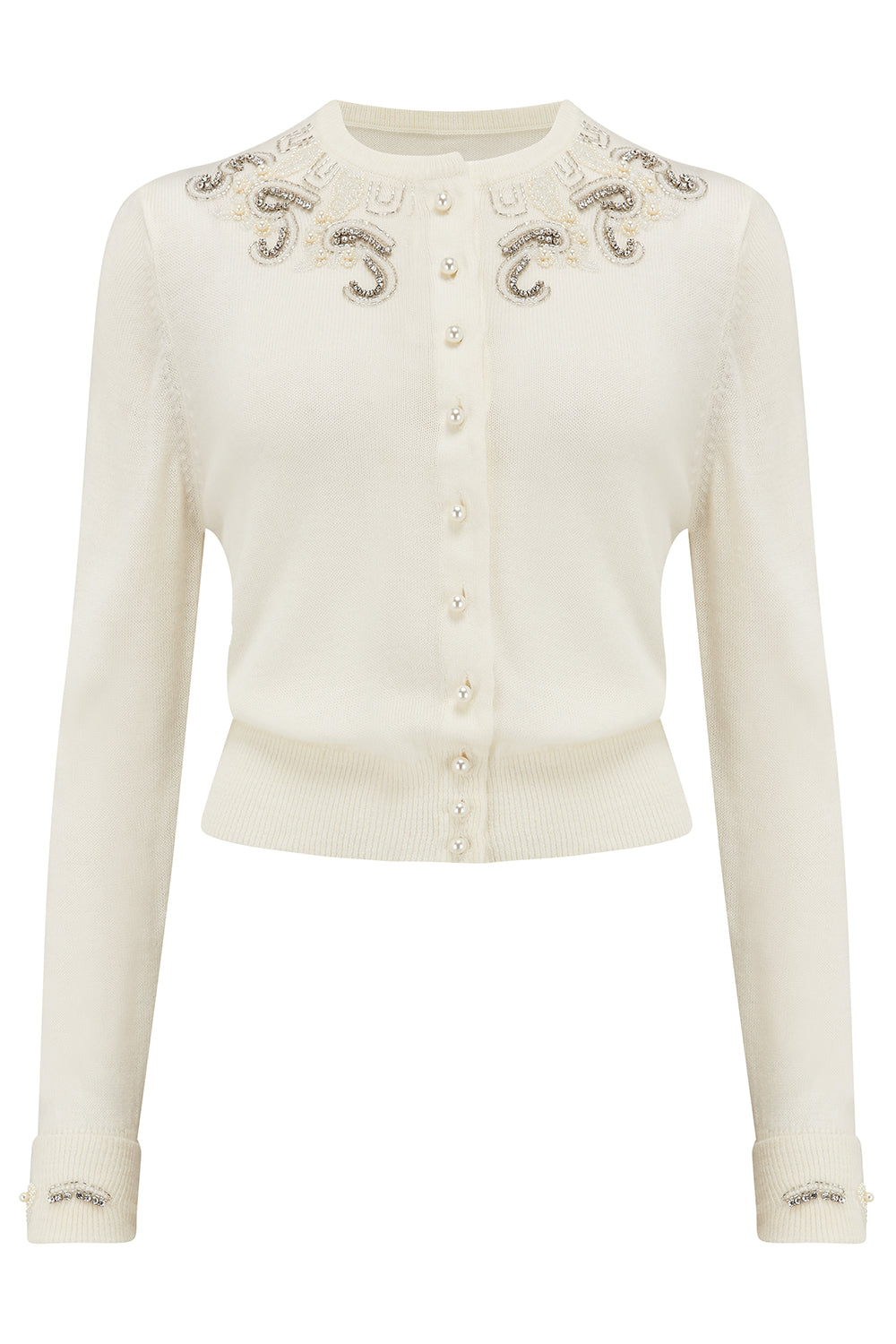The Beaded Cardigan in Cream, Stunning 1940s Vintage Style - True and authentic vintage style clothing, inspired by the Classic styles of CC41 , WW2 and the fun 1950s RocknRoll era, for everyday wear plus events like Goodwood Revival, Twinwood Festival and Viva Las Vegas Rockabilly Weekend Rock n Romance The Seamstress Of Bloomsbury