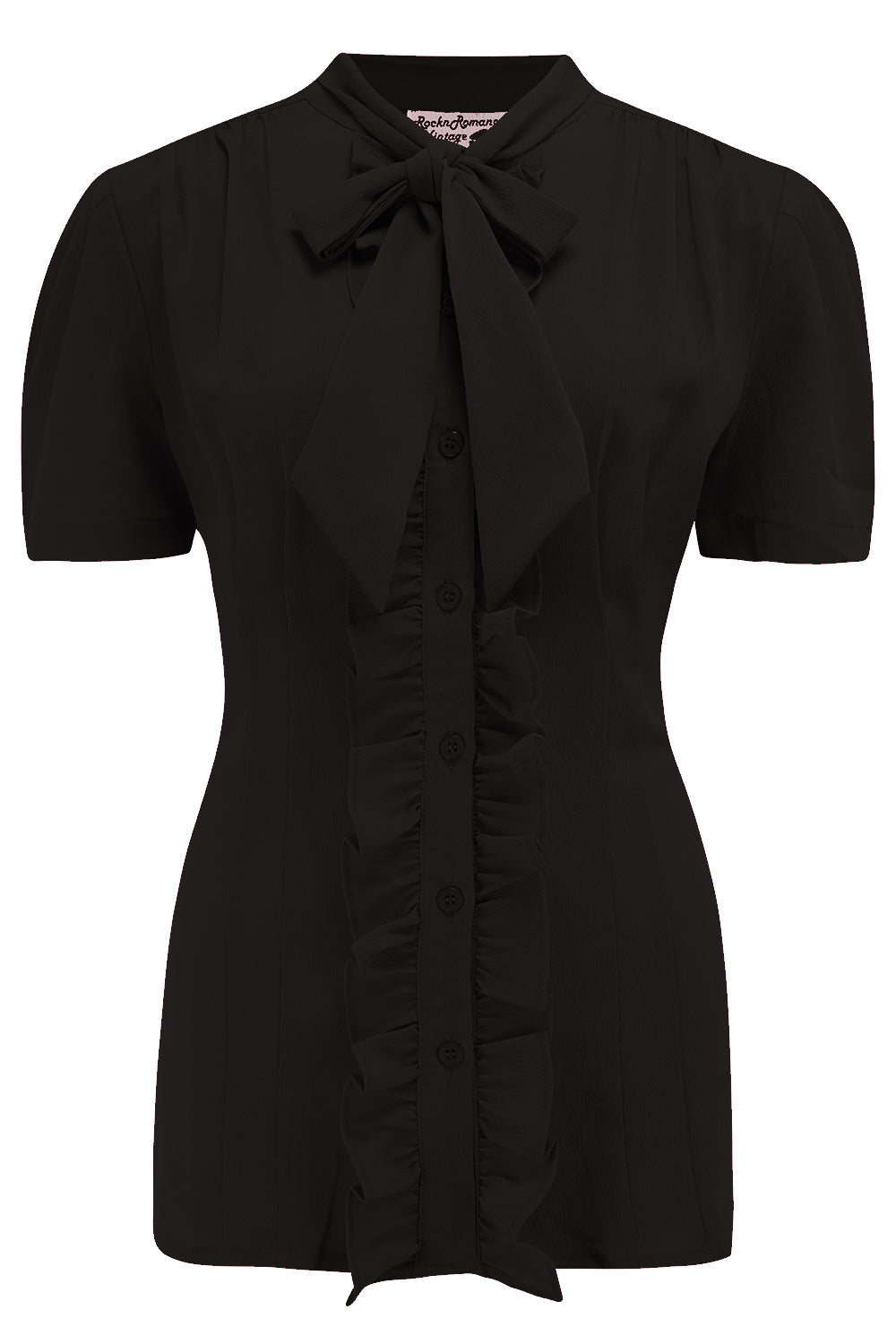 **Sample Sale** The "Betsy" Ruffle, Pussybow Blouse in Solid Black, True & Authentic 1950s Vintage Style - True and authentic vintage style clothing, inspired by the Classic styles of CC41 , WW2 and the fun 1950s RocknRoll era, for everyday wear plus events like Goodwood Revival, Twinwood Festival and Viva Las Vegas Rockabilly Weekend Rock n Romance Rock n Romance