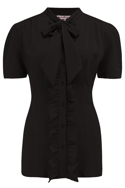 The "Betsy" Ruffle, Pussybow Blouse in Solid Black, True & Authentic 1950s Vintage Style - CC41, Goodwood Revival, Twinwood Festival, Viva Las Vegas Rockabilly Weekend Rock n Romance Rock n Romance