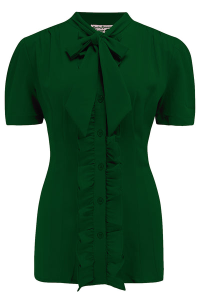 The "Betsy" Ruffle, Pussybow Blouse in Solid Green, True & Authentic 1950s Vintage Style - CC41, Goodwood Revival, Twinwood Festival, Viva Las Vegas Rockabilly Weekend Rock n Romance Rock n Romance
