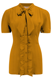 **Sample Sale** The "Betsy" Ruffle, Pussybow Blouse in Solid Mustard, True & Authentic 1950s Vintage Style - True and authentic vintage style clothing, inspired by the Classic styles of CC41 , WW2 and the fun 1950s RocknRoll era, for everyday wear plus events like Goodwood Revival, Twinwood Festival and Viva Las Vegas Rockabilly Weekend Rock n Romance Rock n Romance