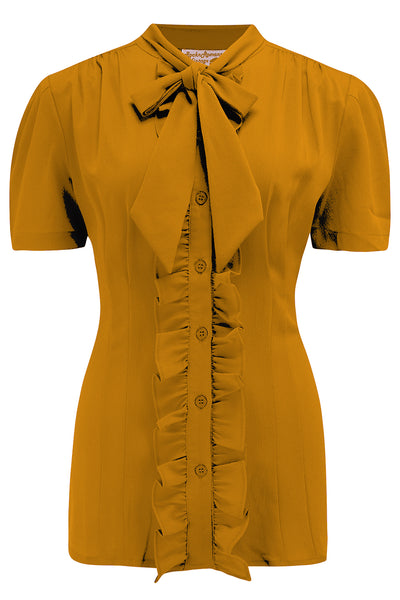 The "Betsy" Ruffle, Pussybow Blouse in Solid Mustard, True & Authentic 1950s Vintage Style - CC41, Goodwood Revival, Twinwood Festival, Viva Las Vegas Rockabilly Weekend Rock n Romance Rock n Romance