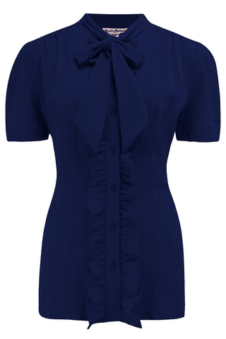 The "Betsy" Ruffle, Pussybow Blouse in Solid Navy, True & Authentic 1950s Vintage Style - CC41, Goodwood Revival, Twinwood Festival, Viva Las Vegas Rockabilly Weekend Rock n Romance Rock n Romance