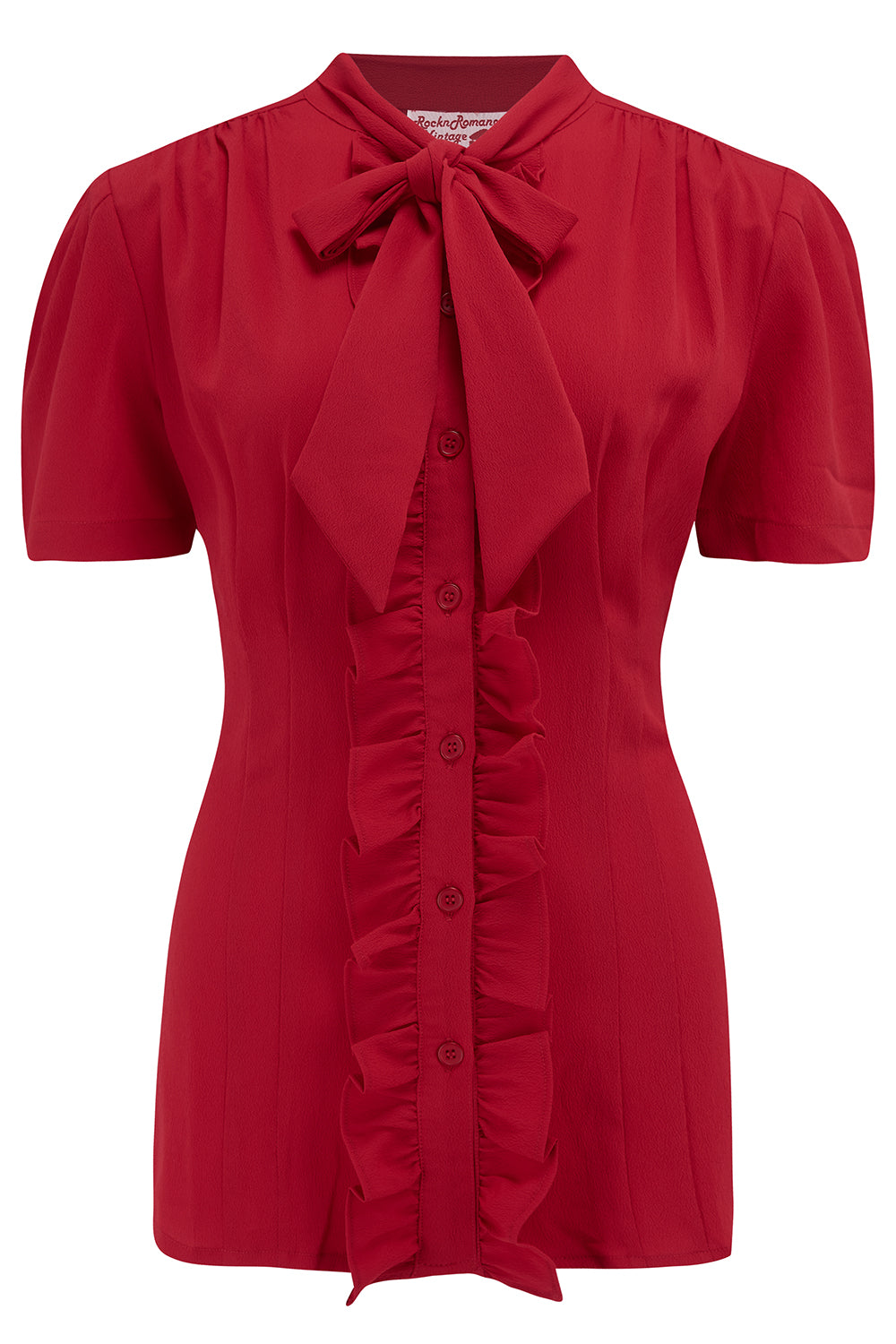 The "Betsy" Ruffle, Pussybow Blouse in Solid Red, True & Authentic 1950s Vintage Style - CC41, Goodwood Revival, Twinwood Festival, Viva Las Vegas Rockabilly Weekend Rock n Romance Rock n Romance