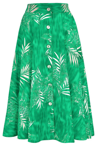 The "Beverly" Button Front Full Circle Skirt with Pockets in Emerald Palm Print, True 1950s Vintage Style
