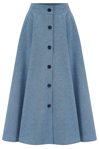 The "Beverly" Button Front Full Circle Skirt with Pockets in Lightweight Blue Denim, Cotton Chambray, True 1950s Vintage Style - True and authentic vintage style clothing, inspired by the Classic styles of CC41 , WW2 and the fun 1950s RocknRoll era, for everyday wear plus events like Goodwood Revival, Twinwood Festival and Viva Las Vegas Rockabilly Weekend Rock n Romance Rock n Romance