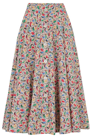 The "Beverly" Button Front Full Circle Skirt with Pockets in Tutti Frutti Print, Authentic 1950s Vintage Style - True and authentic vintage style clothing, inspired by the Classic styles of CC41 , WW2 and the fun 1950s RocknRoll era, for everyday wear plus events like Goodwood Revival, Twinwood Festival and Viva Las Vegas Rockabilly Weekend Rock n Romance Rock n Romance