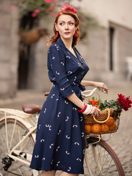 Milly dress in Navy Doggy Print , A Classic 1940s Inspired Day dress, True Vintage Style - CC41, Goodwood Revival, Twinwood Festival, Viva Las Vegas Rockabilly Weekend Rock n Romance The Seamstress of Bloomsbury