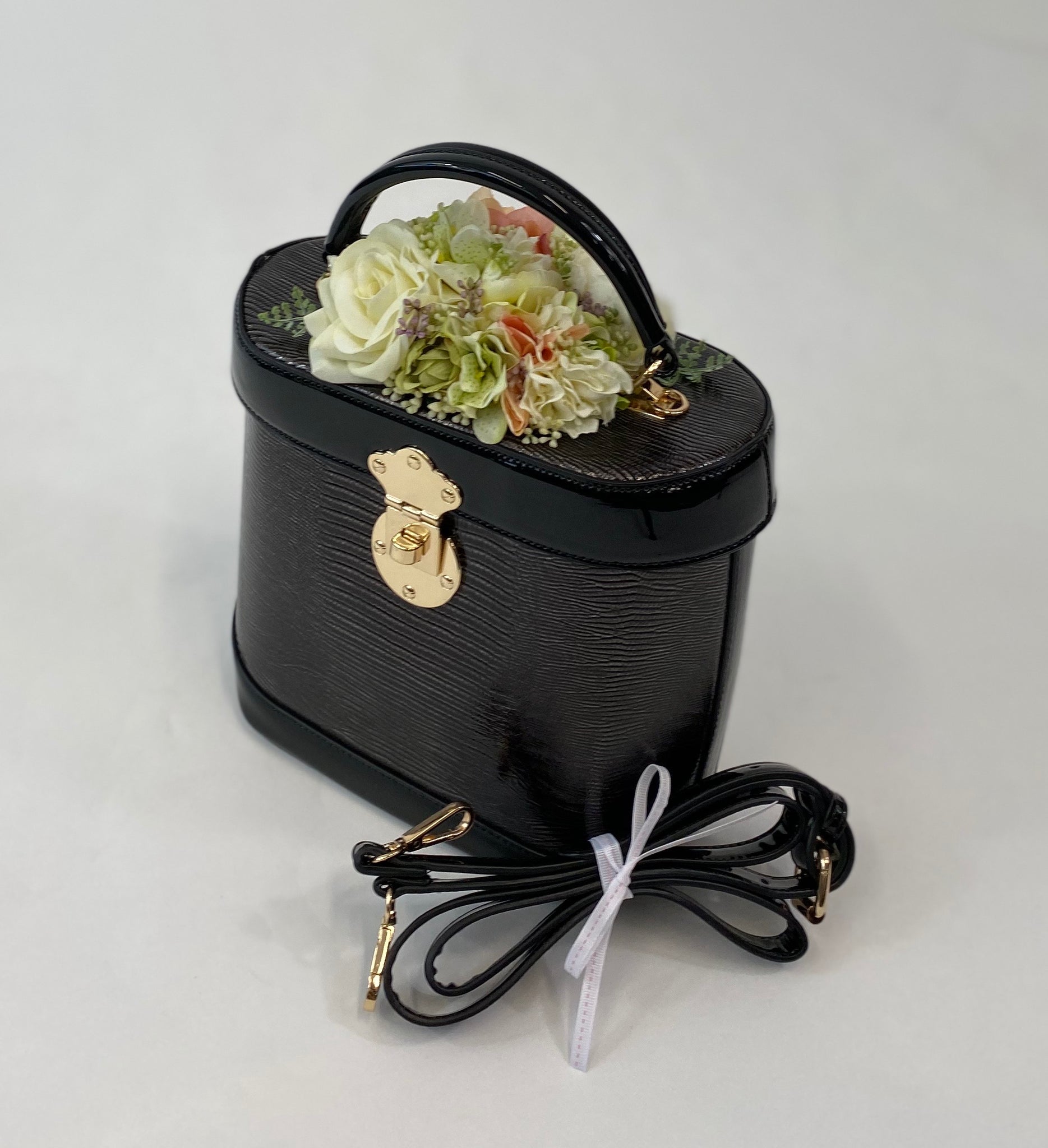 Classic Vintage Style Charlotte Handbag In Classic Black With Blooms - True and authentic vintage style clothing, inspired by the Classic styles of CC41 , WW2 and the fun 1950s RocknRoll era, for everyday wear plus events like Goodwood Revival, Twinwood Festival and Viva Las Vegas Rockabilly Weekend Rock n Romance Classic Bags In Bloom