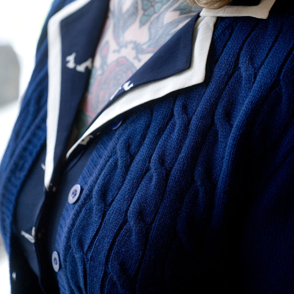 Cable Knit Cardigan in Navy, Stunning 1940s True Vintage Style - True and authentic vintage style clothing, inspired by the Classic styles of CC41 , WW2 and the fun 1950s RocknRoll era, for everyday wear plus events like Goodwood Revival, Twinwood Festival and Viva Las Vegas Rockabilly Weekend Rock n Romance The Seamstress Of Bloomsbury