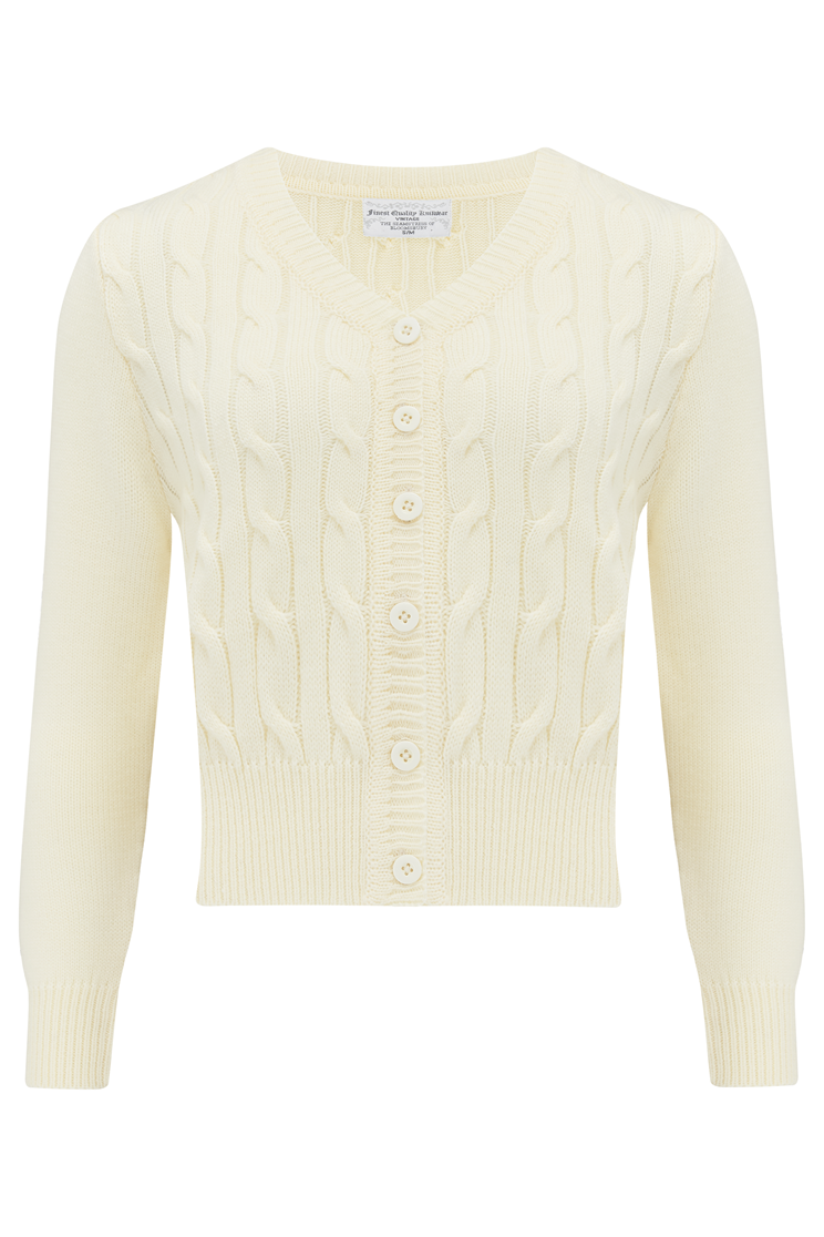 Cable Knit Cardigan in Cream, Stunning 1940s True Vintage Style - True and authentic vintage style clothing, inspired by the Classic styles of CC41 , WW2 and the fun 1950s RocknRoll era, for everyday wear plus events like Goodwood Revival, Twinwood Festival and Viva Las Vegas Rockabilly Weekend Rock n Romance The Seamstress Of Bloomsbury