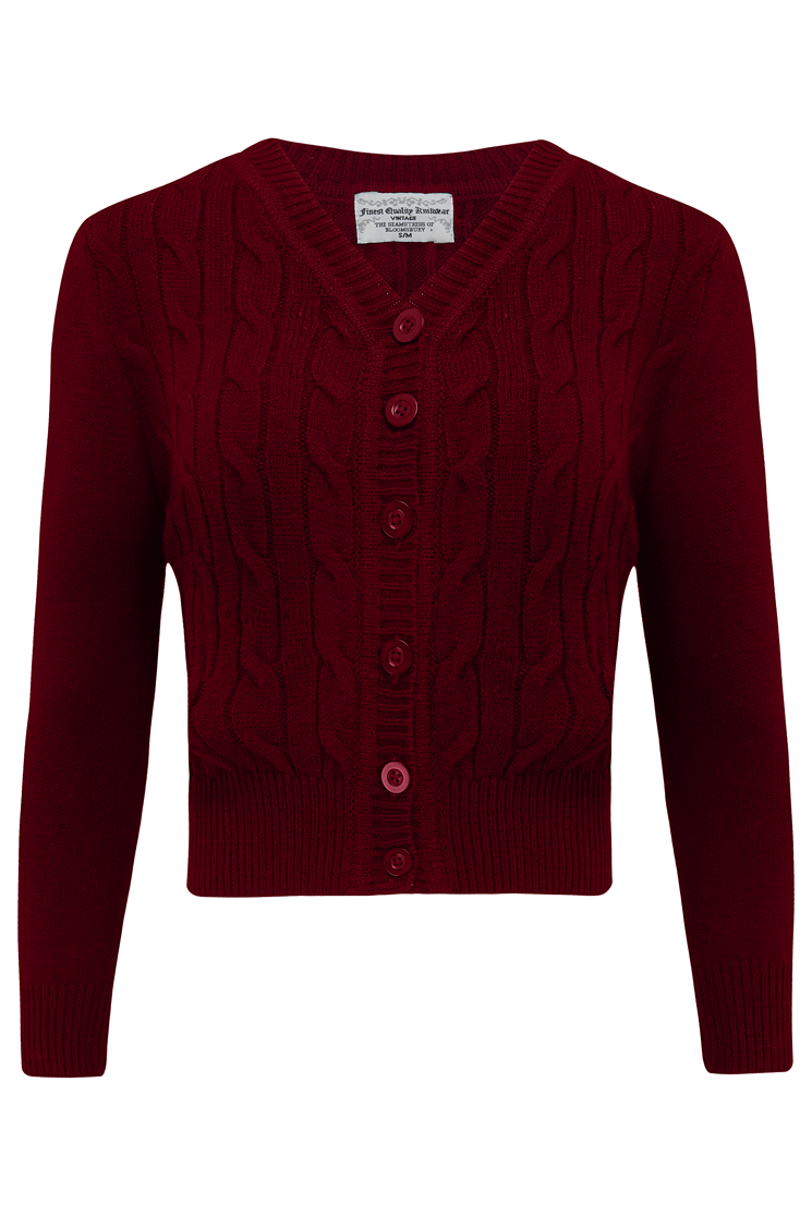 Cable Knit Cardigan in Wine, Stunning 1940s True Vintage Style