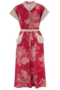 The "Casey" Dress in Ruby Palm Print With Stone Contrast, True & Authentic 1950s Vintage Style - True and authentic vintage style clothing, inspired by the Classic styles of CC41 , WW2 and the fun 1950s RocknRoll era, for everyday wear plus events like Goodwood Revival, Twinwood Festival and Viva Las Vegas Rockabilly Weekend Rock n Romance Rock n Romance