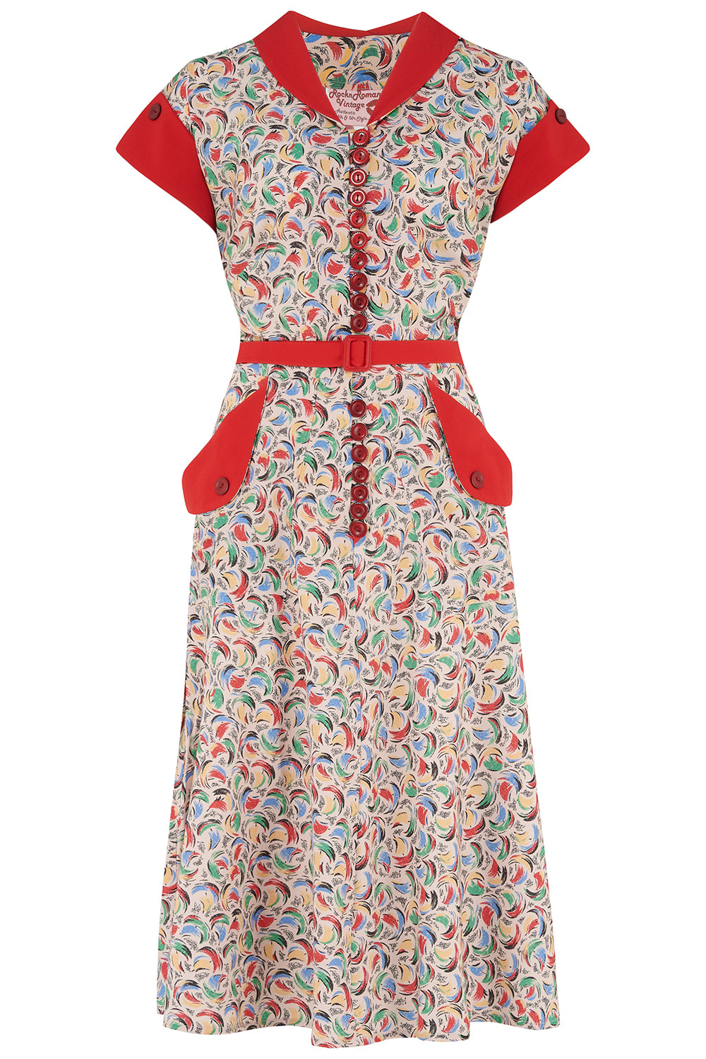 The "Casey" Dress in Tutti Frutti Print With Red Contrasts, True & Authentic 1950s Vintage Style - True and authentic vintage style clothing, inspired by the Classic styles of CC41 , WW2 and the fun 1950s RocknRoll era, for everyday wear plus events like Goodwood Revival, Twinwood Festival and Viva Las Vegas Rockabilly Weekend Rock n Romance Rock n Romance