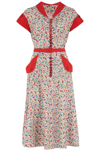 The "Casey" Dress in Tutti Frutti Print With Red Contrasts, True & Authentic 1950s Vintage Style - True and authentic vintage style clothing, inspired by the Classic styles of CC41 , WW2 and the fun 1950s RocknRoll era, for everyday wear plus events like Goodwood Revival, Twinwood Festival and Viva Las Vegas Rockabilly Weekend Rock n Romance Rock n Romance