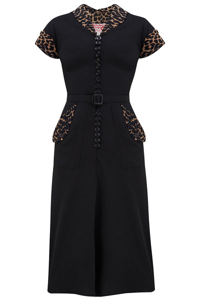 The "Casey" Dress in Black With Leopard Print Contrasts, True & Authentic 1950s Vintage Style - True and authentic vintage style clothing, inspired by the Classic styles of CC41 , WW2 and the fun 1950s RocknRoll era, for everyday wear plus events like Goodwood Revival, Twinwood Festival and Viva Las Vegas Rockabilly Weekend Rock n Romance Rock n Romance