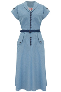 The "Casey" Dress in Lightweight Denim Cotton Chambray, True & Authentic 1950s Vintage Style - True and authentic vintage style clothing, inspired by the Classic styles of CC41 , WW2 and the fun 1950s RocknRoll era, for everyday wear plus events like Goodwood Revival, Twinwood Festival and Viva Las Vegas Rockabilly Weekend Rock n Romance Rock n Romance