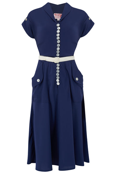 The "Casey" Dress in Solid Navy, True & Authentic 1950s Vintage Style - True and authentic vintage style clothing, inspired by the Classic styles of CC41 , WW2 and the fun 1950s RocknRoll era, for everyday wear plus events like Goodwood Revival, Twinwood Festival and Viva Las Vegas Rockabilly Weekend Rock n Romance Rock n Romance