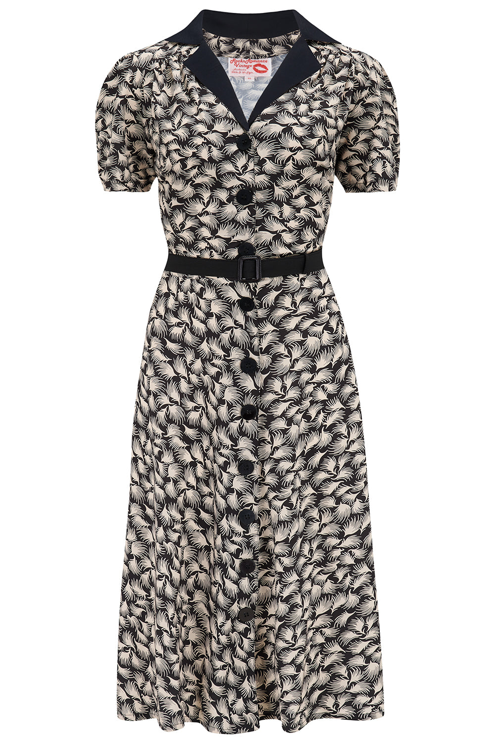 The "Charlene" Shirtwaister Dress in Black Whisp Print With Contrast Collar, True 1950s Vintage Style - True and authentic vintage style clothing, inspired by the Classic styles of CC41 , WW2 and the fun 1950s RocknRoll era, for everyday wear plus events like Goodwood Revival, Twinwood Festival and Viva Las Vegas Rockabilly Weekend Rock n Romance Rock n Romance