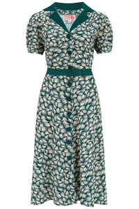 The "Charlene" Shirtwaister Dress in Green Whisp Print With Contrast Collar, True 1950s Vintage Style - True and authentic vintage style clothing, inspired by the Classic styles of CC41 , WW2 and the fun 1950s RocknRoll era, for everyday wear plus events like Goodwood Revival, Twinwood Festival and Viva Las Vegas Rockabilly Weekend Rock n Romance Rock n Romance
