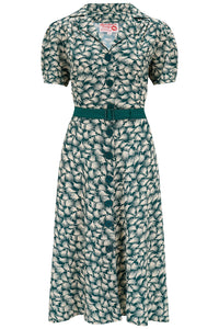 The "Charlene" Shirtwaister Dress in Green Whisp Print , True 1950s Vintage Style - True and authentic vintage style clothing, inspired by the Classic styles of CC41 , WW2 and the fun 1950s RocknRoll era, for everyday wear plus events like Goodwood Revival, Twinwood Festival and Viva Las Vegas Rockabilly Weekend Rock n Romance Rock n Romance
