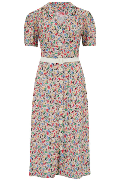 Charlene Shirtwaister Dress in Tutti Frutti Print, True 1950s Vintage Style - True and authentic vintage style clothing, inspired by the Classic styles of CC41 , WW2 and the fun 1950s RocknRoll era, for everyday wear plus events like Goodwood Revival, Twinwood Festival and Viva Las Vegas Rockabilly Weekend Rock n Romance Rock n Romance