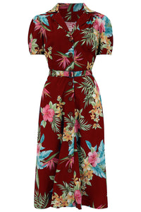 The "Charlene" Shirtwaister Dress in Wine Honolulu Print, True & Authentic 1950s Vintage Style - True and authentic vintage style clothing, inspired by the Classic styles of CC41 , WW2 and the fun 1950s RocknRoll era, for everyday wear plus events like Goodwood Revival, Twinwood Festival and Viva Las Vegas Rockabilly Weekend Rock n Romance Rock n Romance